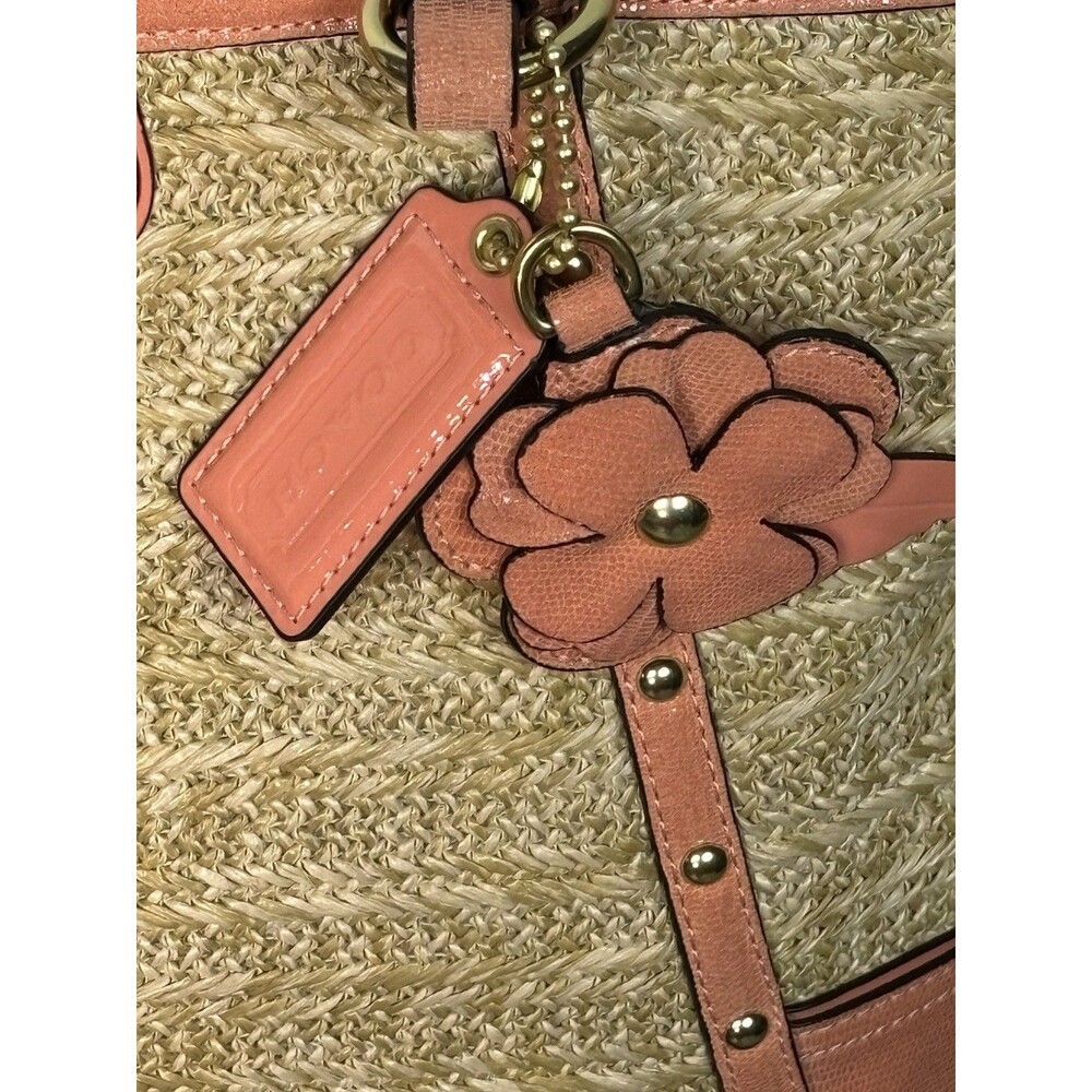 Coach Alexandra Straw Studded Tote Bag In Natural/Coral Peach F21959 - Picture 9 of 12